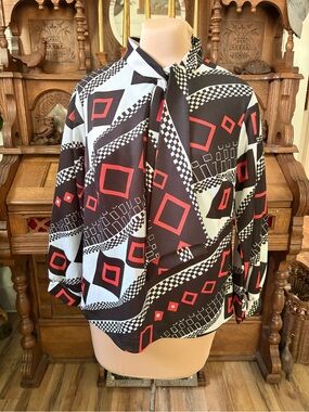 Vintage Retro 70s Handmade Geometric Print Tie-Neck Blouse - Black, Red & White